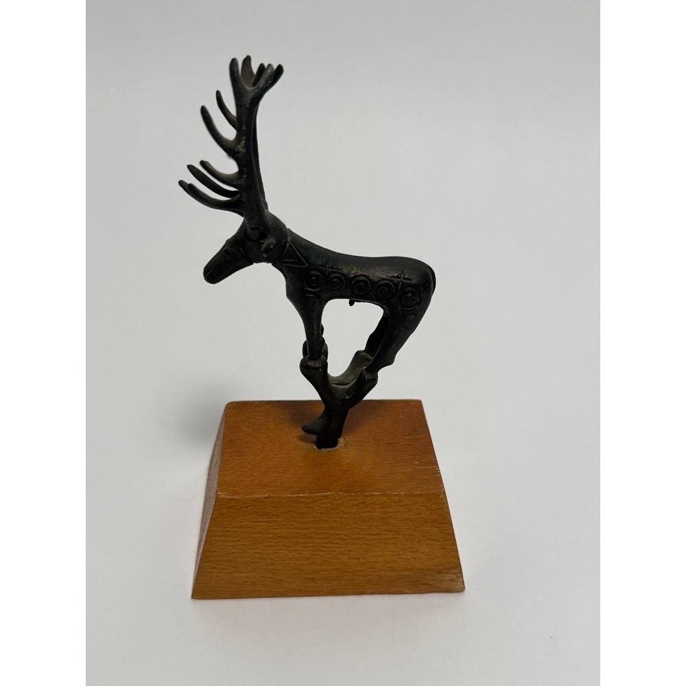 Vintage HES Turkish Hittite Stag Deer Metal Sculpture on Wood Base – 6.5"